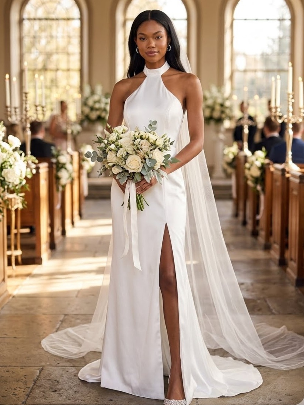 New Lulus Headed  Romance Elegant White Halter Neck Evening Gown Side Slit Sz XL